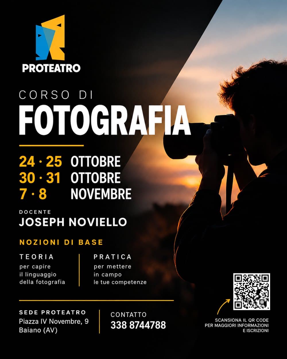 Locandina del Corso di Fotografia Proteatro con Joseph Noviello: 24-25 e 30-31 ottobre, 7-8 novembre